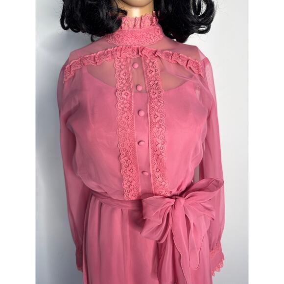 1970s Pink Chiffon Prairie Maxi High Neck Dress Lace Trim LGWD Canada XS - Picture 5 of 17